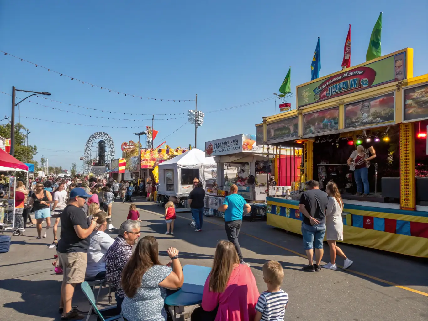 A vibrant photograph capturing a local festival organized by CFM, showcasing people of all ages enjoying music, dance, and food stalls.